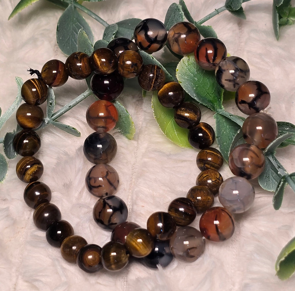 Natural Brown Dragon Vein Agate & Tiger Eye Gemstone Beads