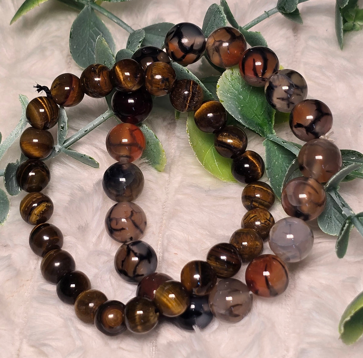Natural Brown Dragon Vein Agate & Tiger Eye Gemstone Beads