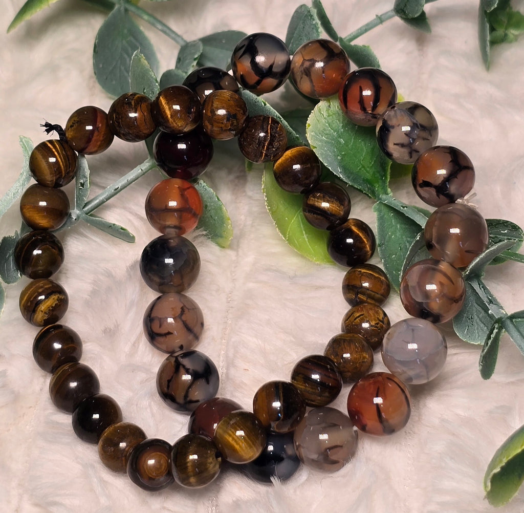 Natural Brown Dragon Vein Agate & Tiger Eye Gemstone Beads