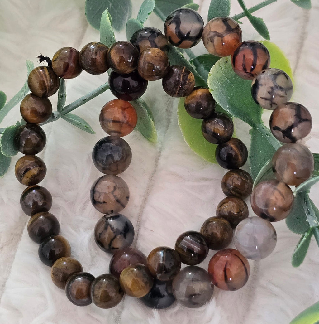 Natural Brown Dragon Vein Agate & Tiger Eye Gemstone Beads